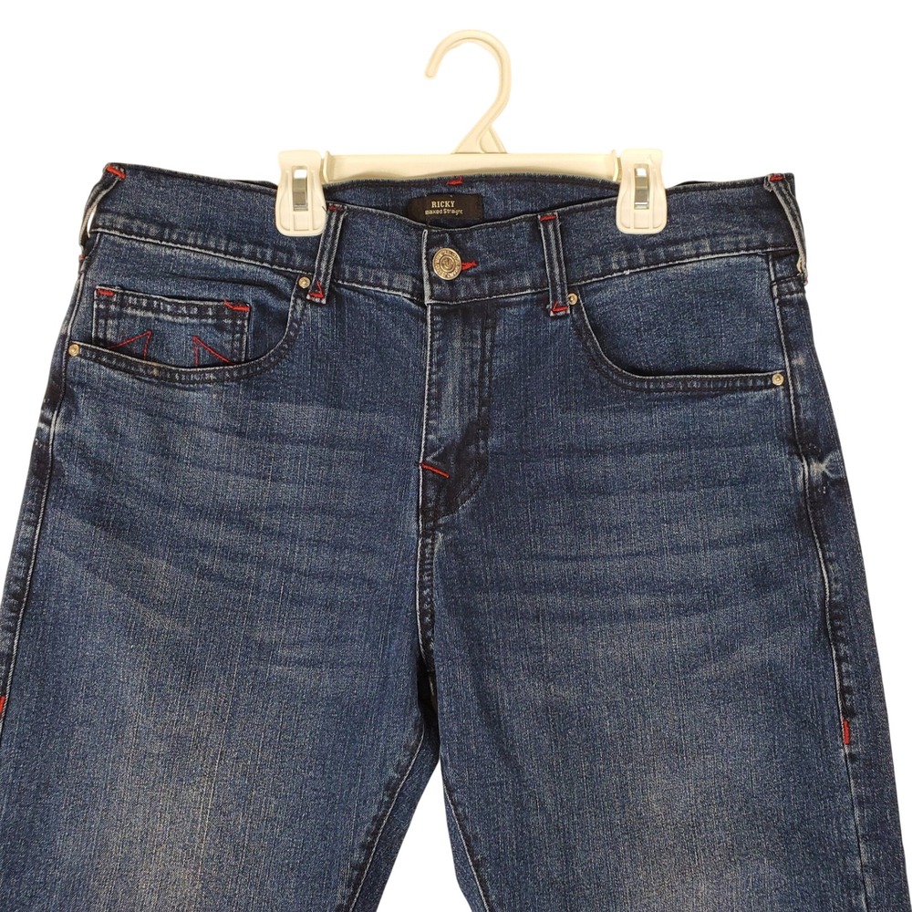 True Religion Ricky Relaxed Straight Jeans Blue Red Stitch Mens 34x34